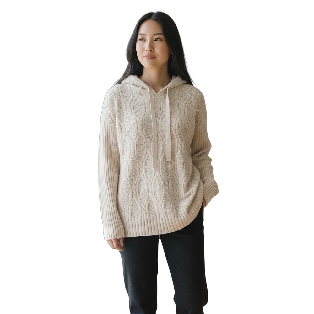 Fate Beige Cable Knit Hooded Sweater Pullover‎ Long Sleeve Size Large